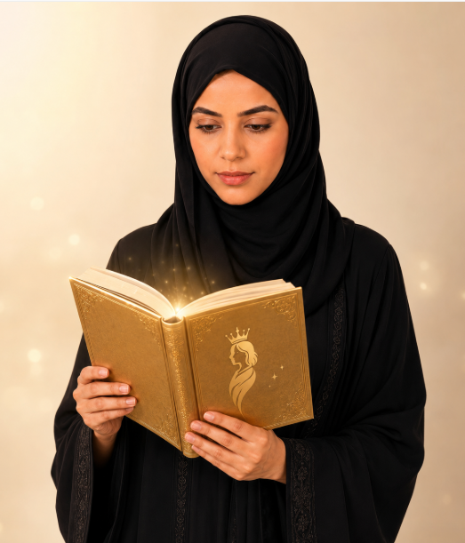 معلمة إماراتية تقرأ كتاباً ذهبياً مضيئاً